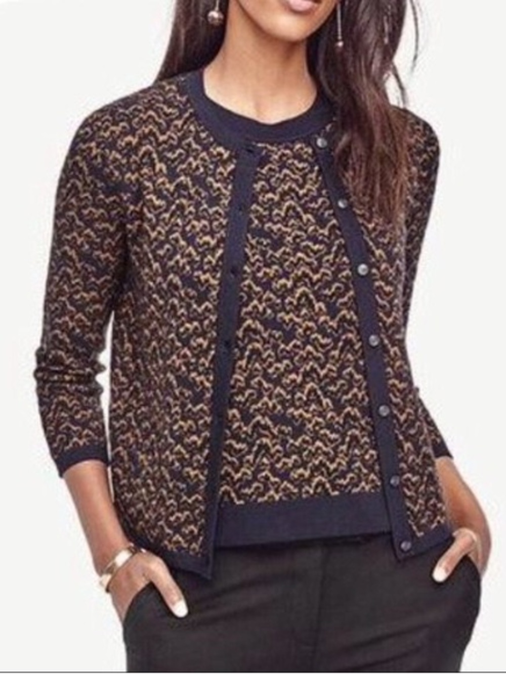 *ANN TAYLOR* Navy x Camel Patterned Button Down Cardigan Sweater NWT Size XS